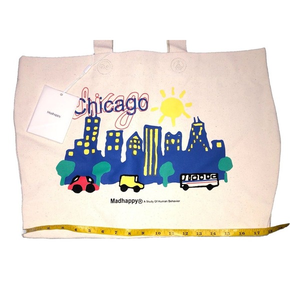 Madhappy Chicago Exclusive Wide Tote Bag City Skyline 20x15x5" Natural White NEW - Picture 12 of 15